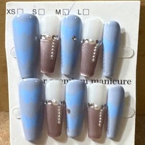 Blue Chevron Rhinestone Pearl Press On Nails Long Coffin Premium Manicure Set